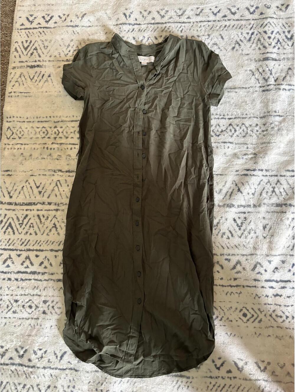 LOFT Olive Green Button-Front Midi Dress
